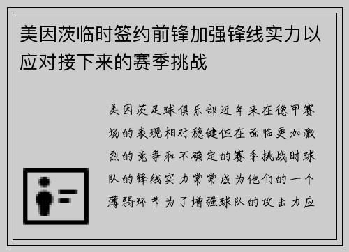 美因茨临时签约前锋加强锋线实力以应对接下来的赛季挑战