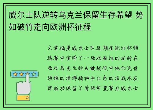 威尔士队逆转乌克兰保留生存希望 势如破竹走向欧洲杯征程