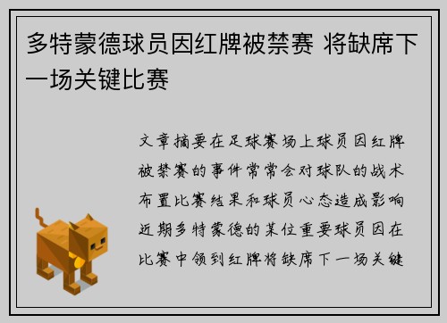 多特蒙德球员因红牌被禁赛 将缺席下一场关键比赛