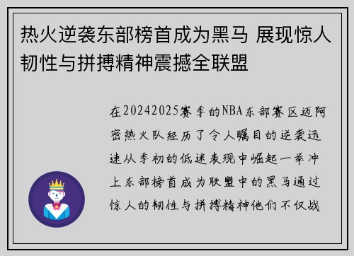 热火逆袭东部榜首成为黑马 展现惊人韧性与拼搏精神震撼全联盟