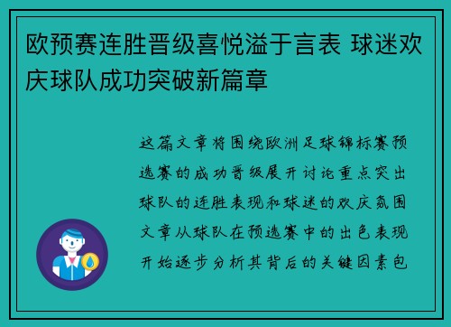 欧预赛连胜晋级喜悦溢于言表 球迷欢庆球队成功突破新篇章