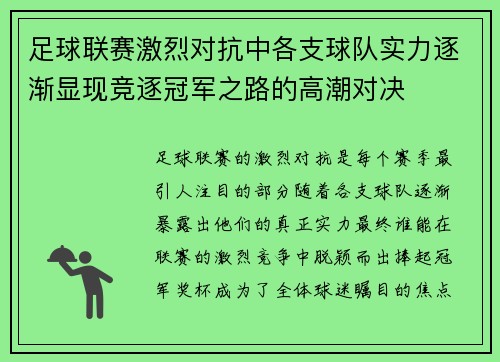 足球联赛激烈对抗中各支球队实力逐渐显现竞逐冠军之路的高潮对决