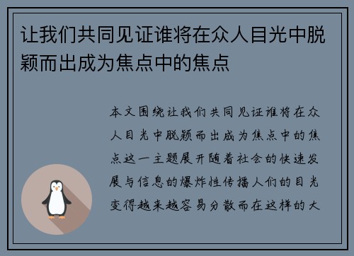 让我们共同见证谁将在众人目光中脱颖而出成为焦点中的焦点