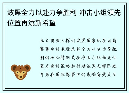 波黑全力以赴力争胜利 冲击小组领先位置再添新希望